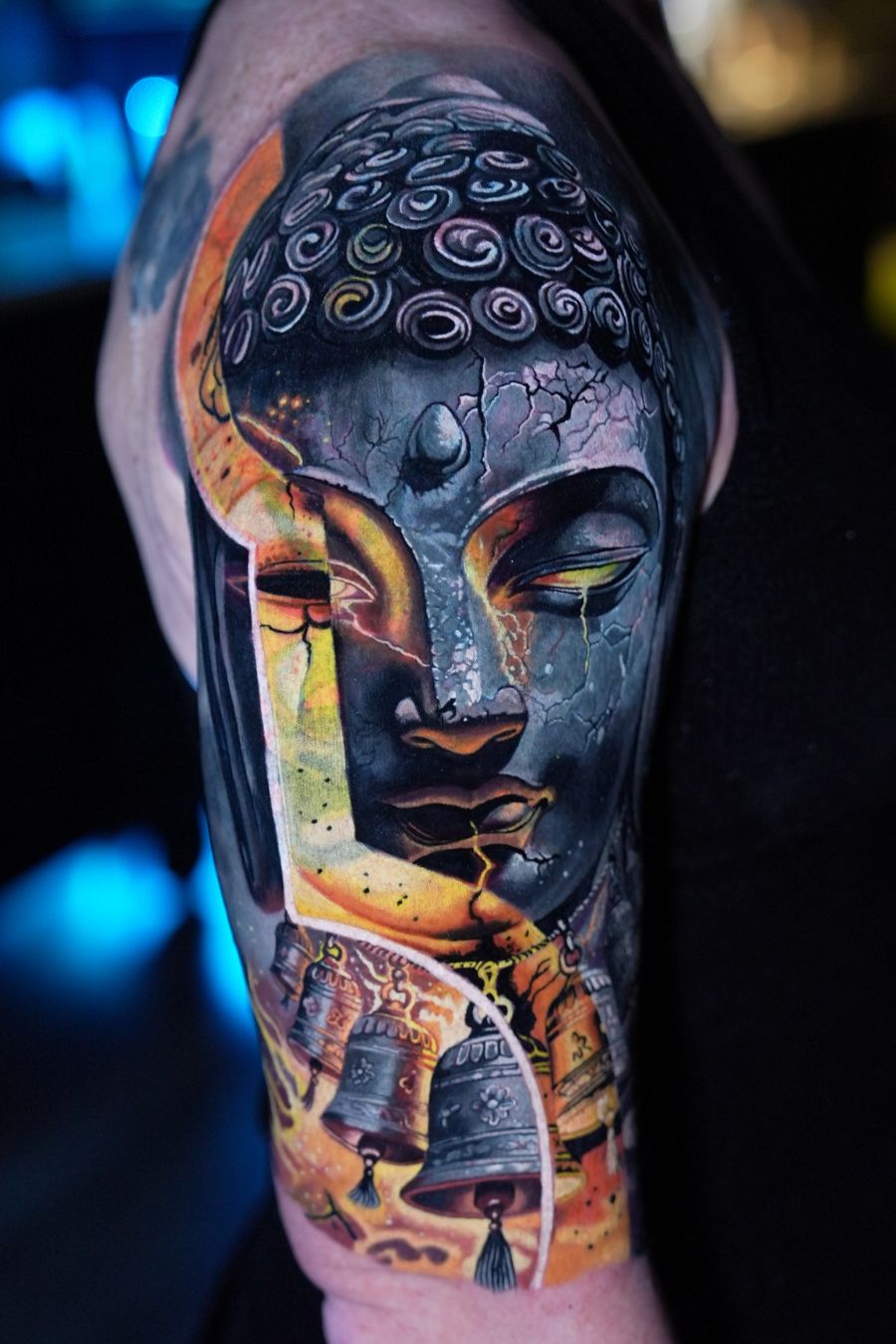 Completed upper arm cover-up tattoo by Frank Tattoo Arts in Kansas City