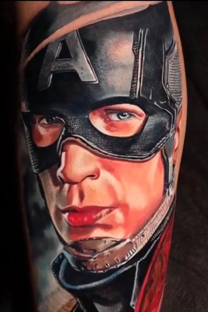 Captain America color portrait tattoo by Frank Tattoo Arts in Kansas City