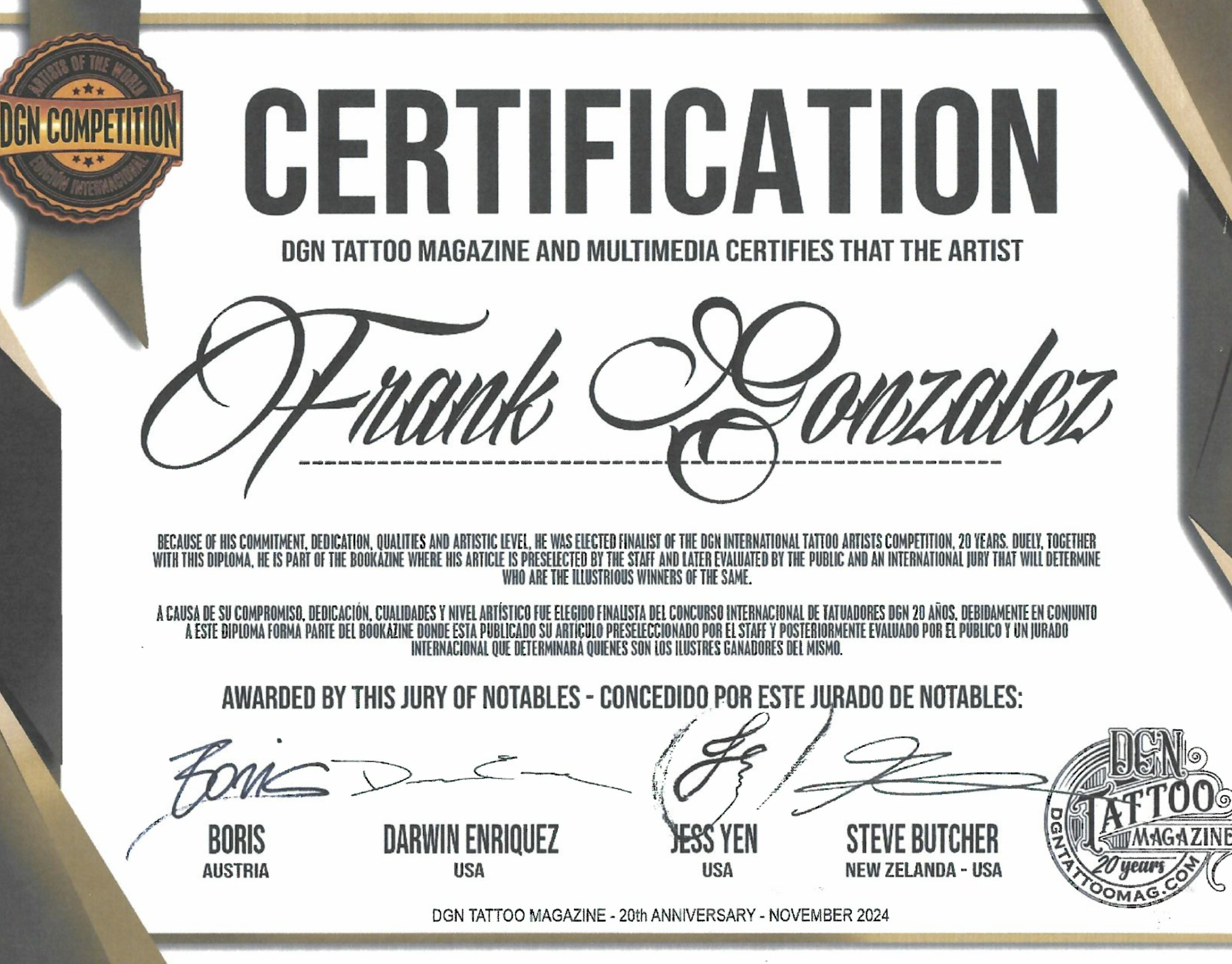 Certificate naming Frank Gonzalez as a finalist in the DGN international tattoo competition, 20th anniversary, November 2024