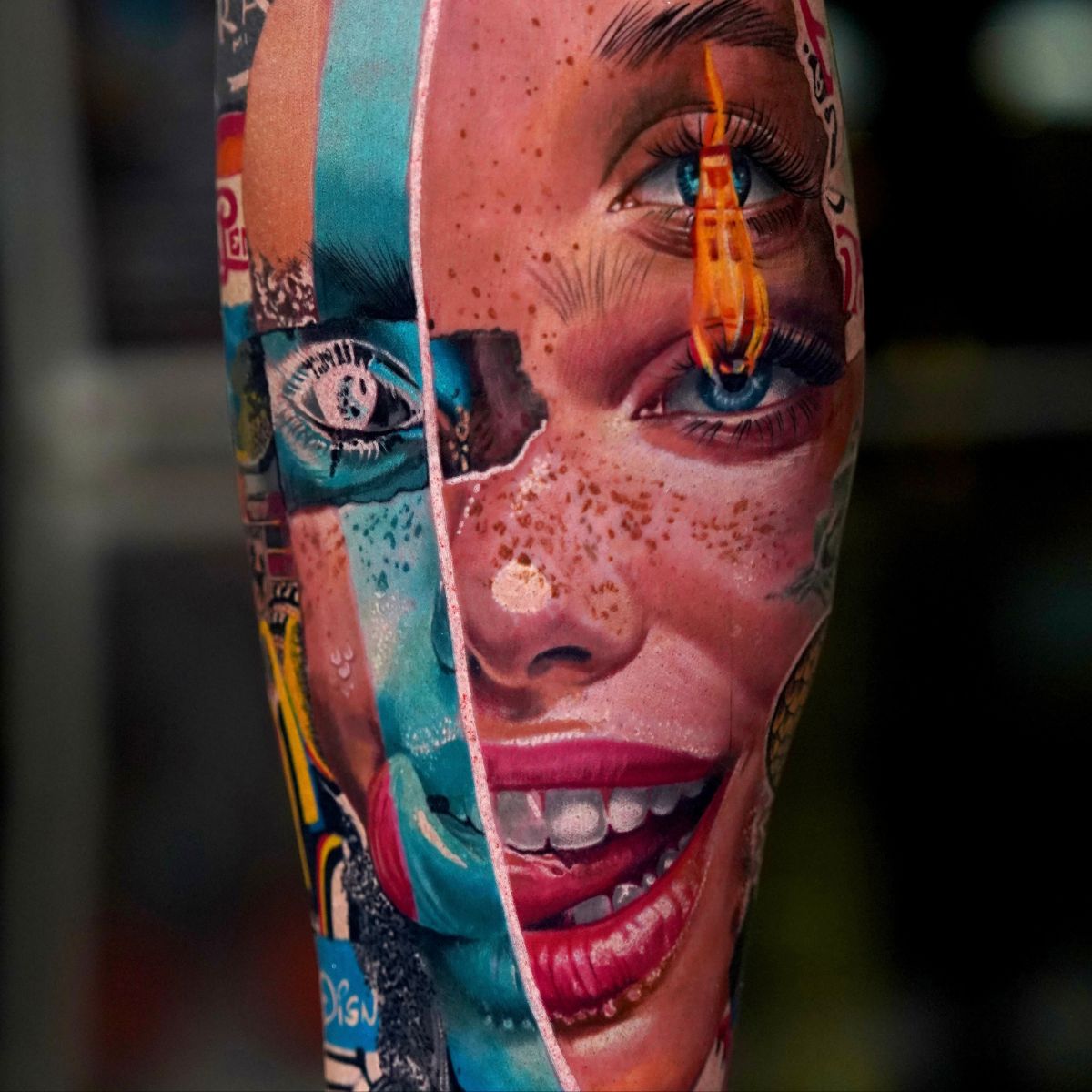 Colorful neo-negative tattoo by Frank Tattoo Arts featuring overlapping eyes, a smiling face and turquoise accents