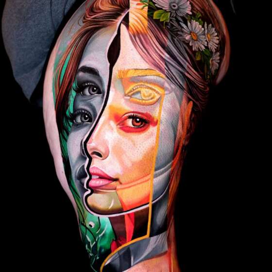 Frank Tattoo Arts working on the collaborative portrait tattoo at Divine Intervention Tattoo Convention 2026.