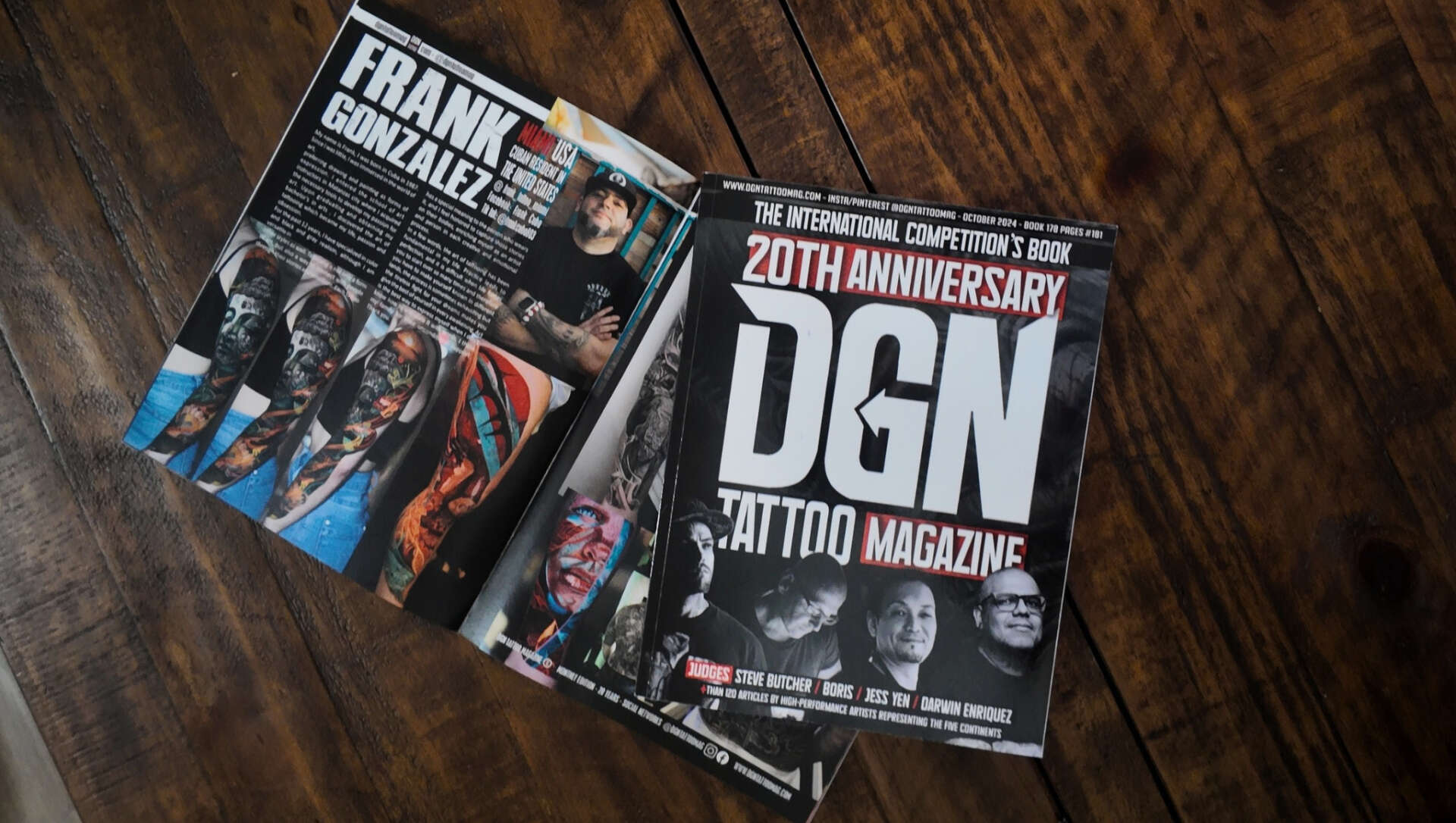 DGN Tattoo Magazine 20th anniversary book with its cover and open feature on Frank Gonzalez