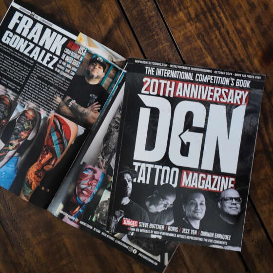 DGN Tattoo Magazine 20th anniversary book with its cover and open feature on Frank Gonzalez